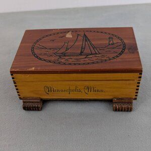 Vintage cedar souvenir box from Minneapolis with sailboat theme